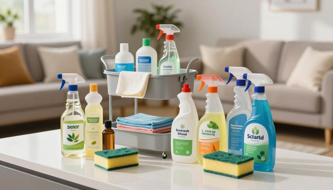 A bright and clean workspace featuring safe and eco-friendly cleaning supplies prominently displayed on a sleek countertop. In the foreground, a variety of colorful bottles labeled with natural ingredients like vinegar and essential oils, alongside biodegradable sponges and scrubbers. The middle ground showcases a well-organized cleaning cart, equipped with tools such as microfiber cloths and disinfectant wipes. The background features a modern, inviting living room setting, with plush sofas and decorative cushions, hinting at the cleaning process. Soft sunlight filters through a window, creating a warm and welcoming atmosphere that emphasizes cleanliness and freshness. The scene conveys a sense of trust and safety, suitable for a professional cleaning service.